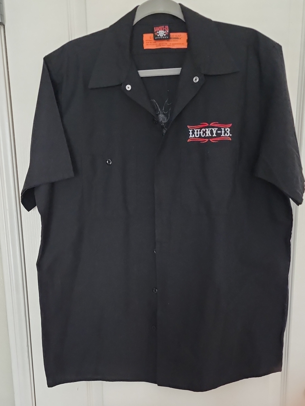 Lucky Brand Black Short-Sleeve Button-Down Shirt with Red Logo
